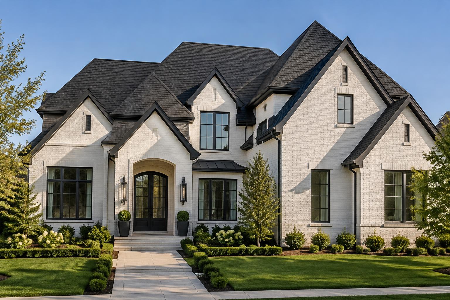 White brick home with a newly installed charcoal architectural shingle roof